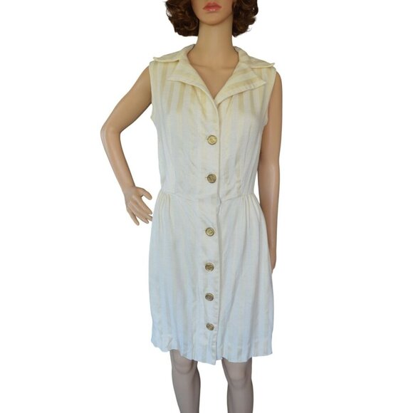 Vintage 70s Handmade Cream Yellow Vertical Striped Button Down Shirt Dress Size - Picture 1 of 8
